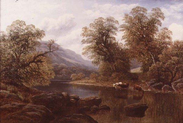 Landskab med en flod og kvæg (olie på lærred) af William Mellor