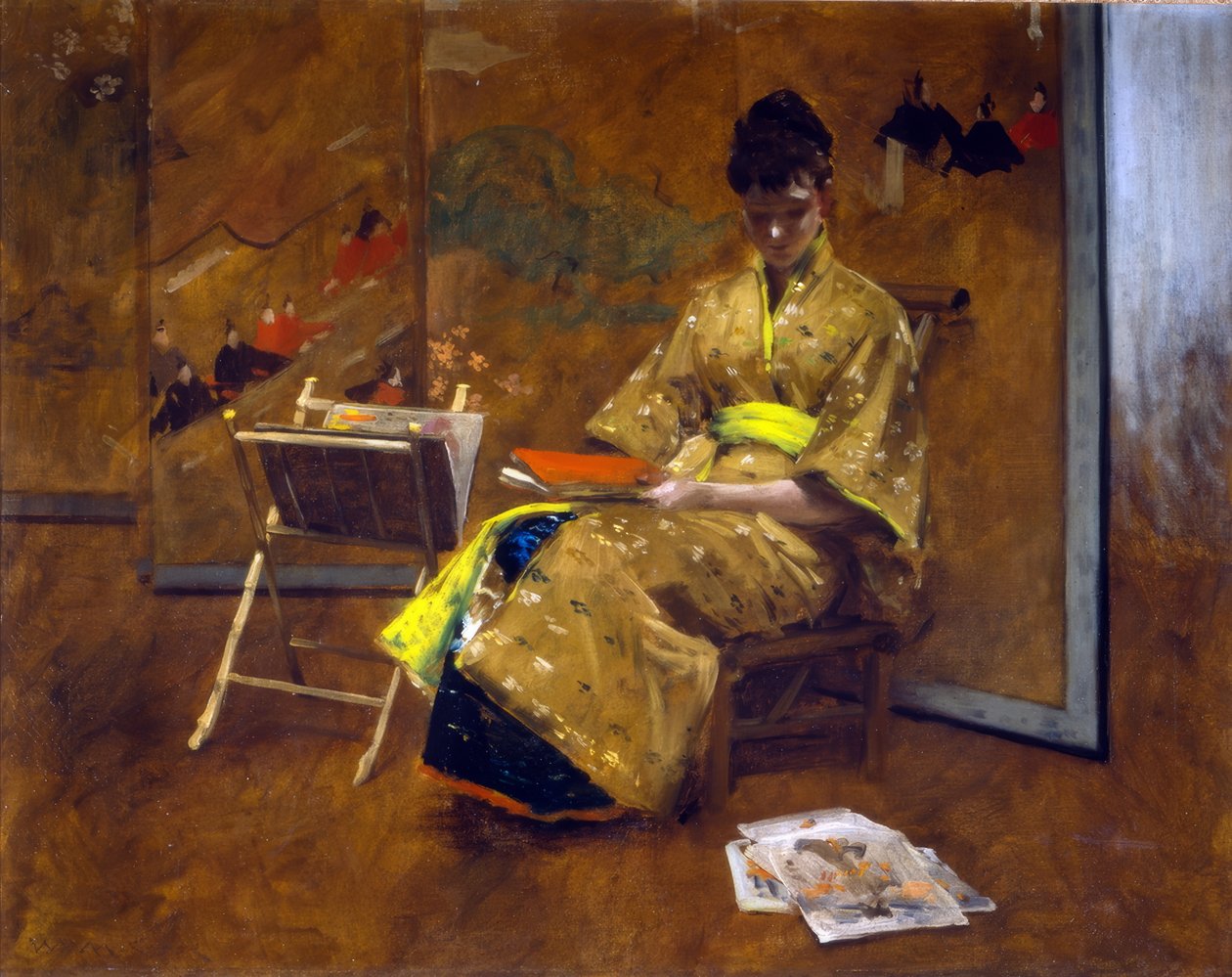 En pige i japansk kjole. Kimonoen ca. 1887. af William Merritt Chase