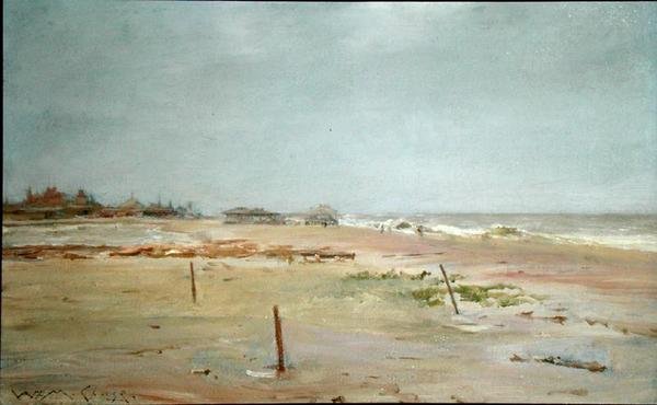 Strandscene (olie på panel) af William Merritt Chase