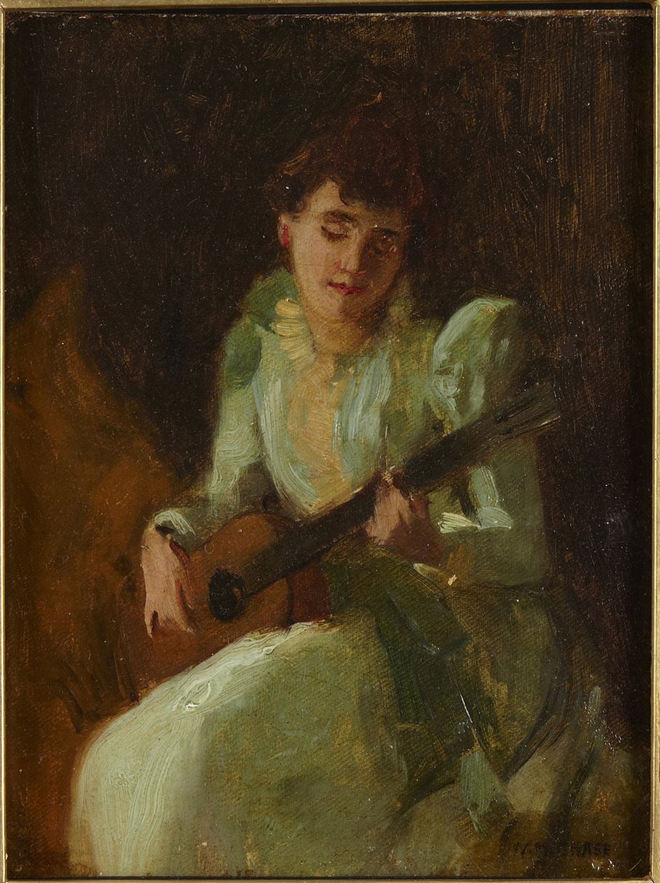 Dame, der spiller guitar af William Merritt Chase