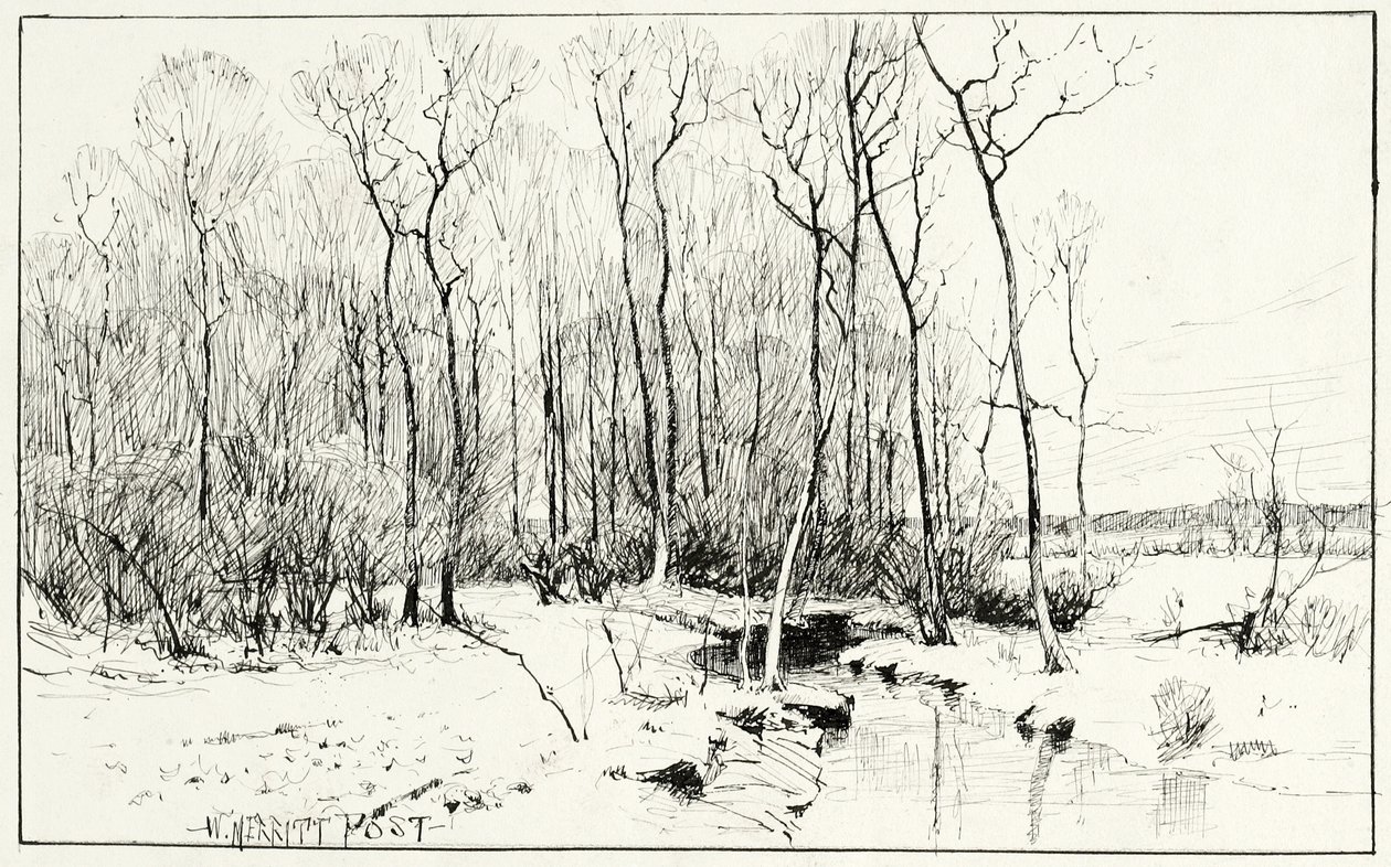 Uden titel, vinterlandskab (pen og blæk på papir) af William Merritt Chase