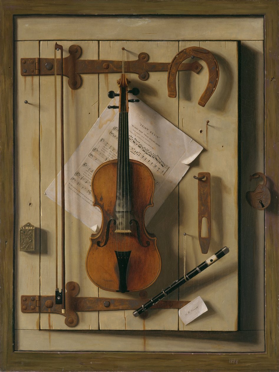 Stilleben, violin og musik af William Michael Harnett