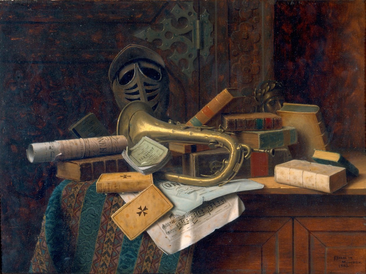Stilleben med byste af Dante 1883 (olie på panel) af William Michael Harnett
