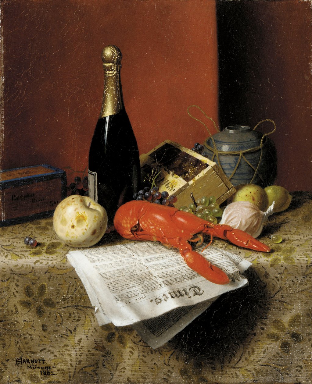 Stilleben med hummer, frugt, champagne og avis, 1882 af William Michael Harnett