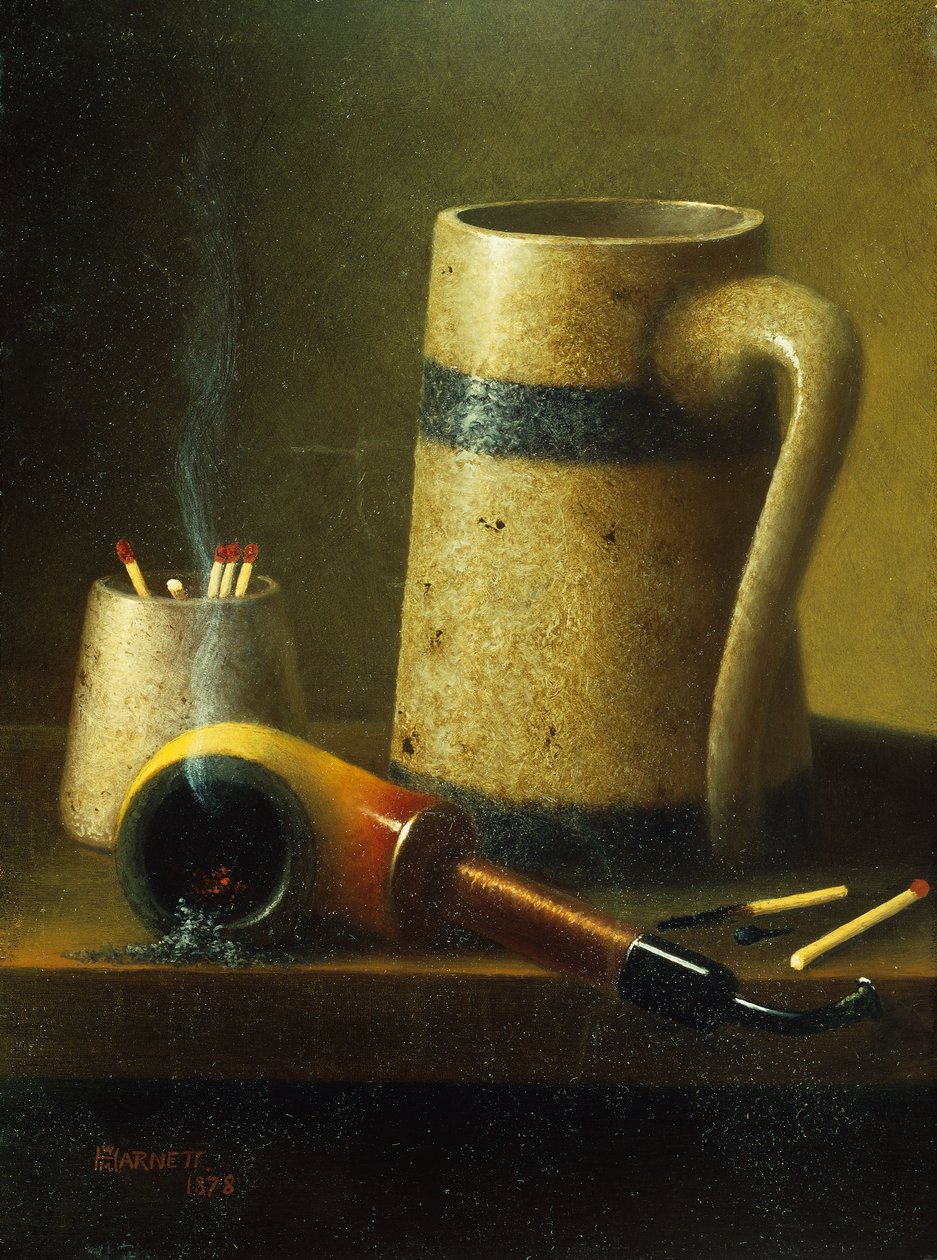 Stilleben med pibe, krus og tændstikker (olie på lærred) af William Michael Harnett