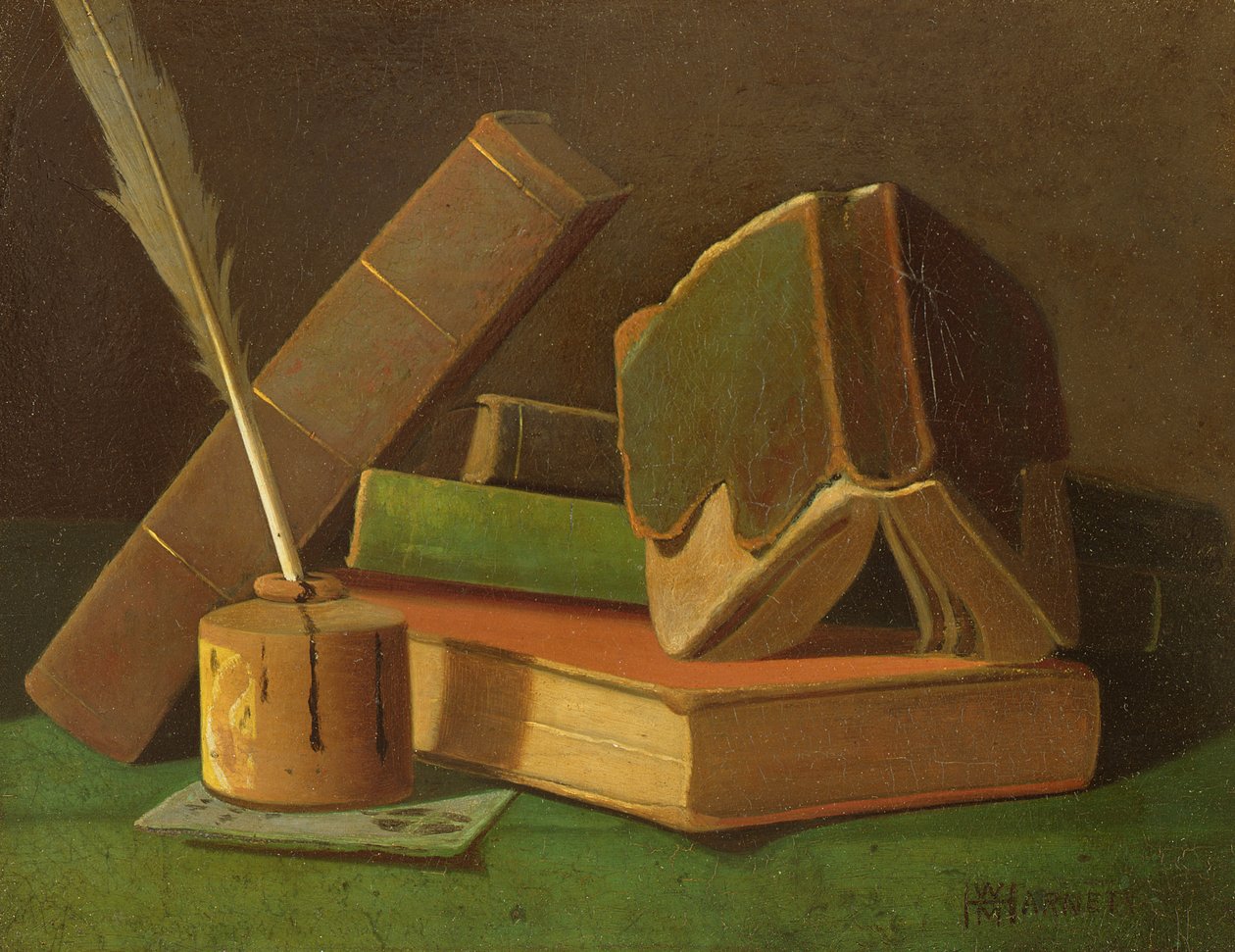 Stilleben med bøger og blækbrønd af William Michael Harnett