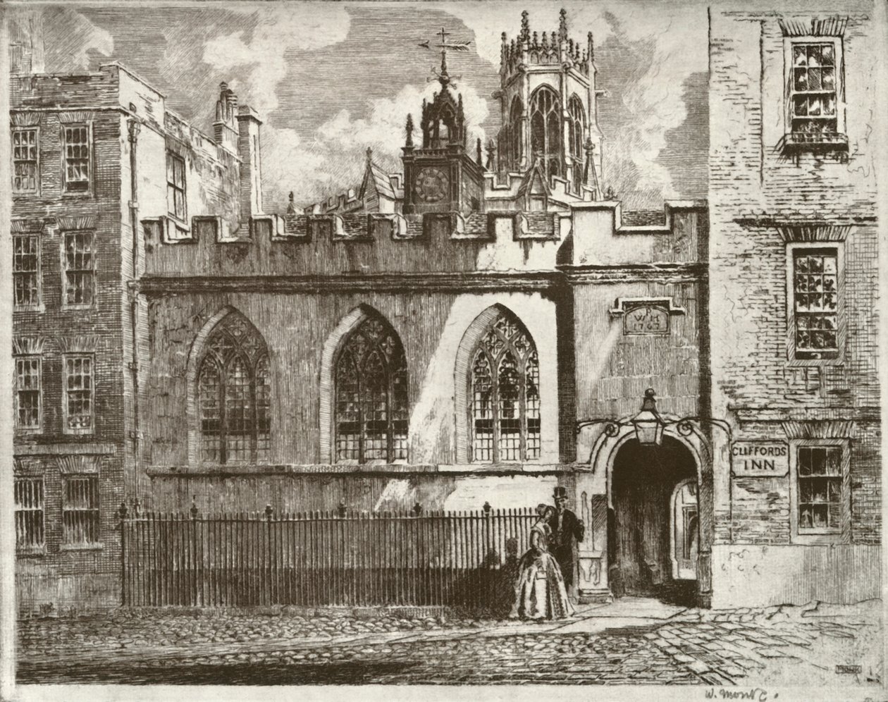 Cliffords Inn Hall and Clock Turret, med St. Clement Danes Beyonds Lantern Tower, 1934. af William Monk