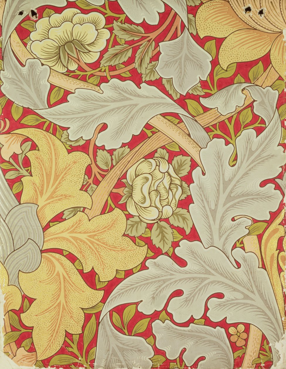 Acanthus blade og vild rose på en karminrød baggrund, tapet design af William Morris