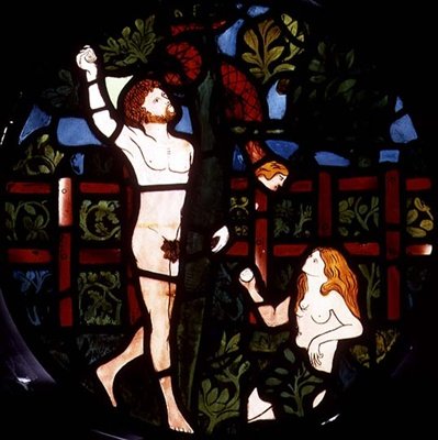 Adam og Eva plukker frugt, detalje fra skabelsesvinduet af William Morris