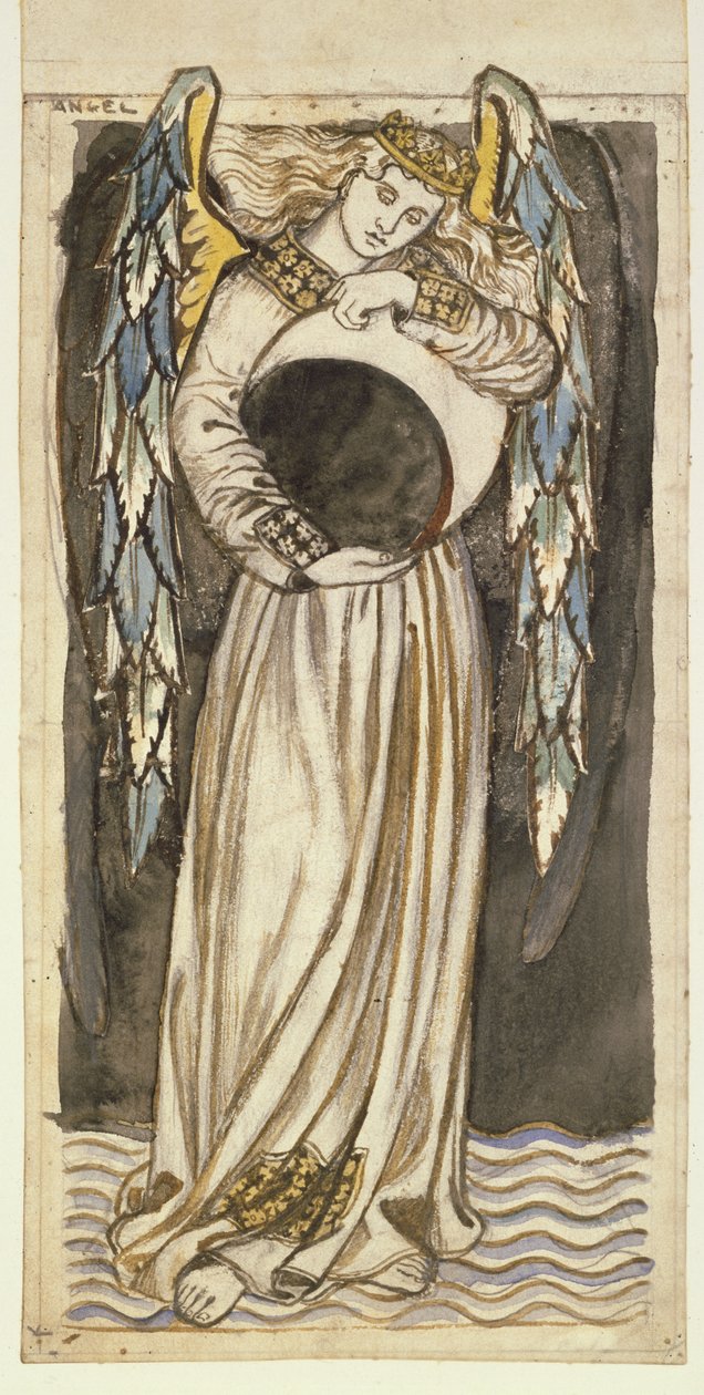 En engel med en aftagende måne i hånden (blyant og wc på papir) af William Morris