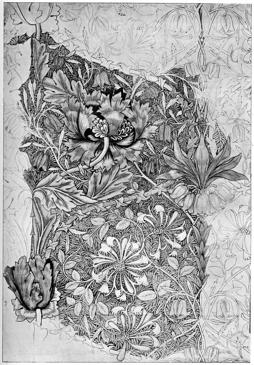 Honeysuckle mønster trykt på hør, 1883 1934. af William Morris