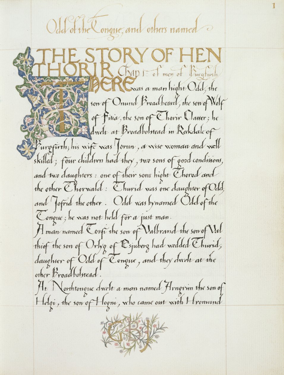 Ms 270* f.1r Historien om Hen Thorir, c.1873-4 (papir) af William Morris