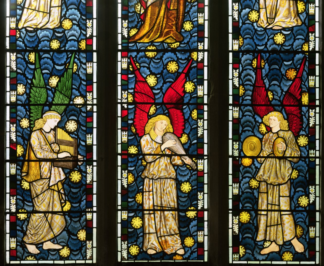 Musical Angels, detalje af den nederste halvdel af englenes vindue, 1869 farvede glasdetalje af 120165 af William Morris