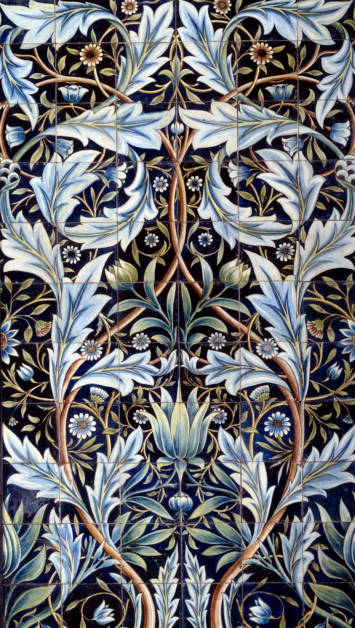 Vægbeklædningspanel (66 fliser) lavet af William Morris (1834-1896) og William Frend de Morgan (1839-1917) i fajance. Fra Membland Hall for Edward Charles Baring. Chelsea, England. 1876-1877 søn. 1x635 m Paris, musee d
