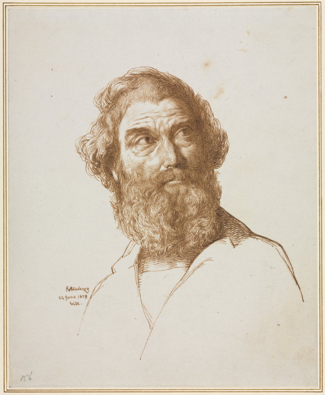 Hoved af en skægget mand, der stirrer til venstre, 1859. af William Mulready
