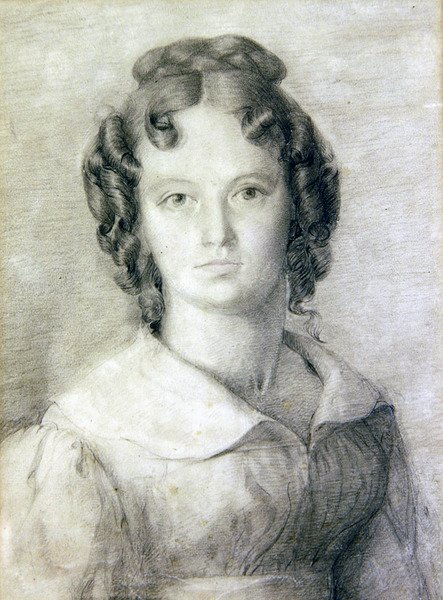 Portræt i buste af Charlotte Rolfe (blyant og farveblyant på papir) af William Mulready