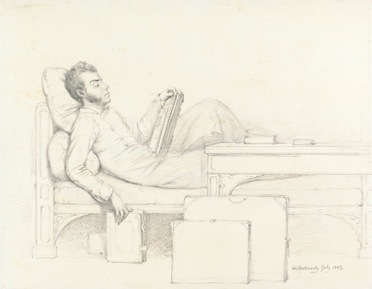 Selvportræt af kunstneren, der ligger på en gotisk sofa, der læser en bog af William Mulready