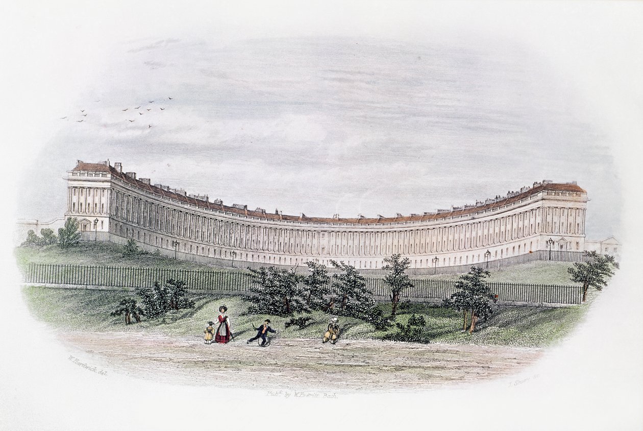 Royal Crescent, Bath, set fra parken, graveret af J. Shury, ca. 1840 af William N. Hardwick of Bath