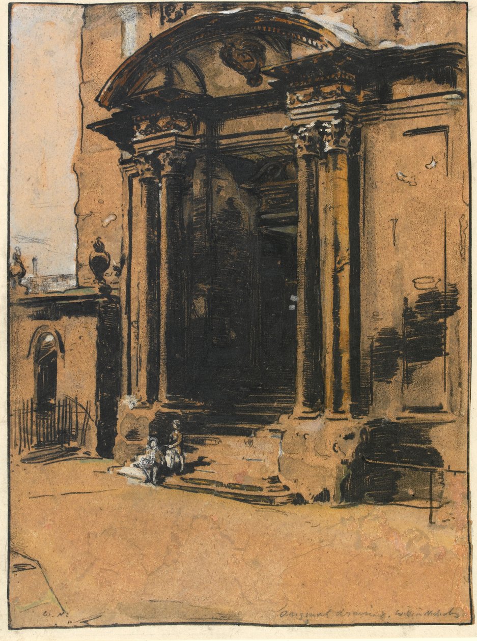 Døråbningen til det gamle Ashmolean Museum, Oxford (pen & blæk, sort kridt & vask med hvid forhøjning på kalkerpapir) af William Nicholson