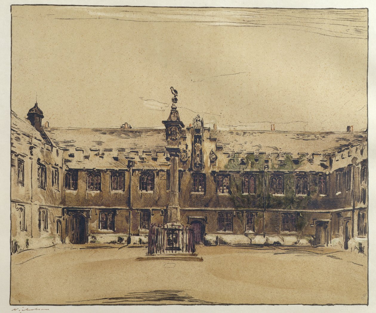Front Quad fra Corpus Christi College, Oxford (pen og blæk med vask på papir) af William Nicholson