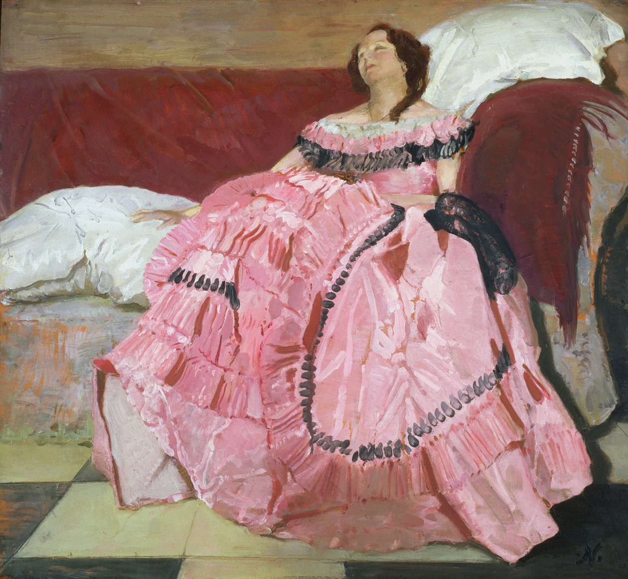 Den lyserøde kjole (olie på panel) af William Nicholson