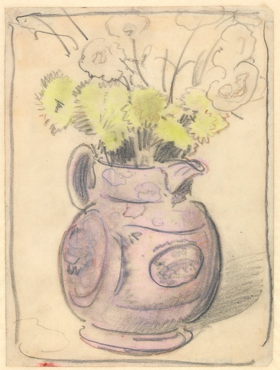 Vase med blomster: gule krysantemum i en glanskande (sort og farvet kridt på papir) af William Nicholson