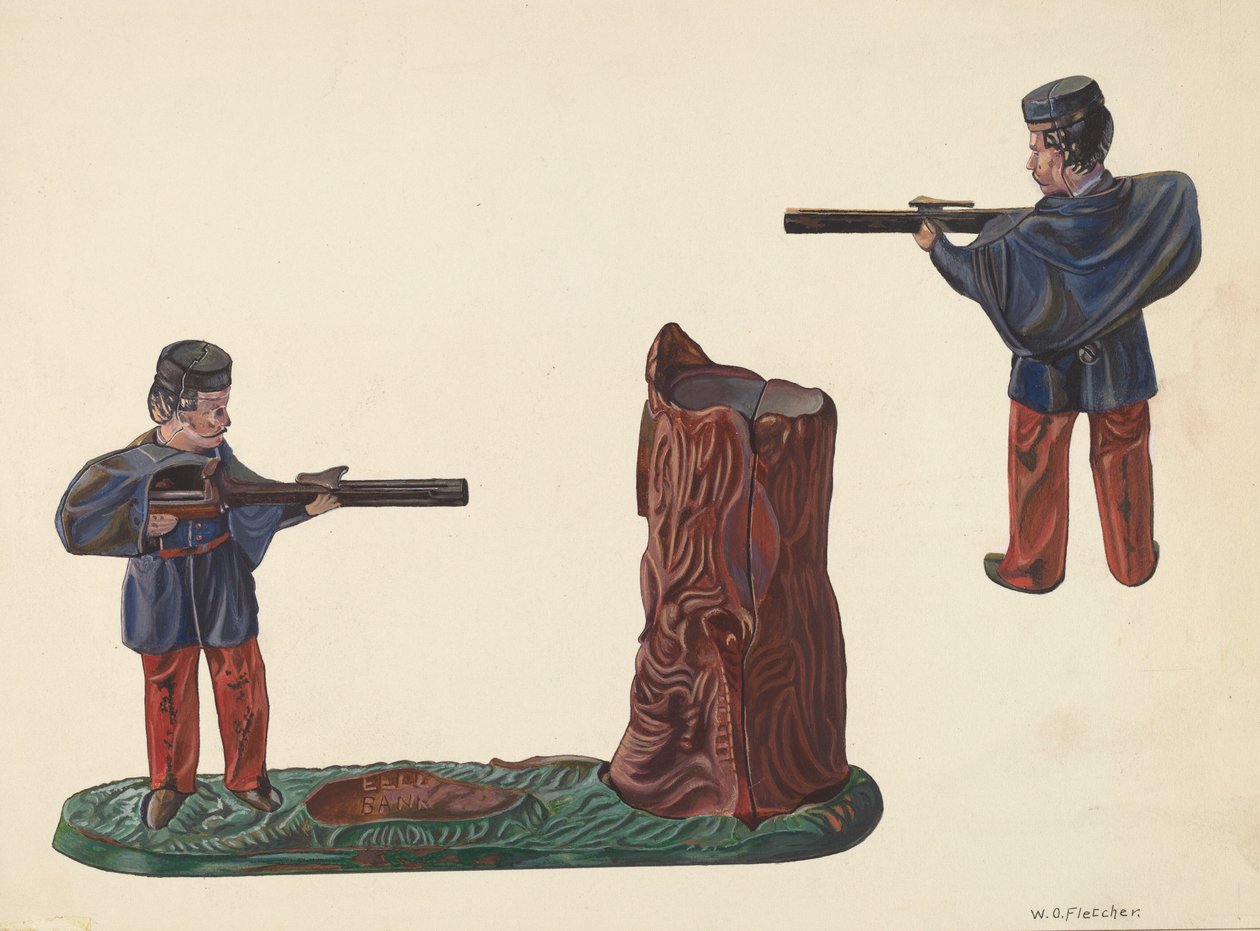 Civil War Soldier & Tree Trunk Bank, ca. 1937. af William O. Fletcher