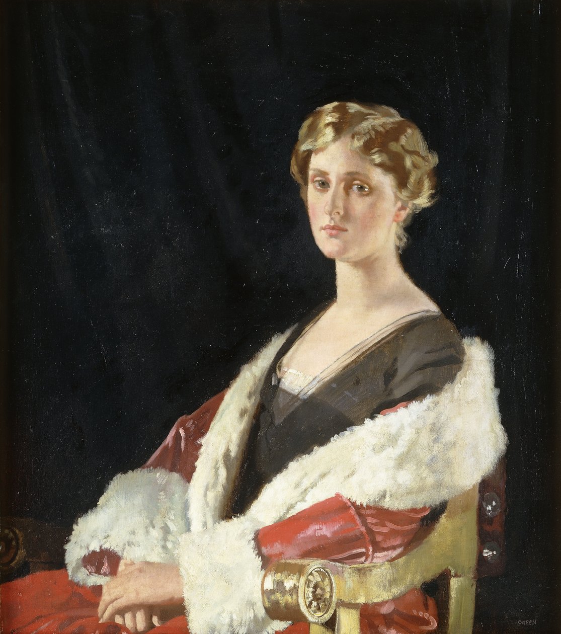 Portræt af Nancy Oswald Smith, siddende halvlængde, i en rød pelsforet frakke, 1915 af William Orpen
