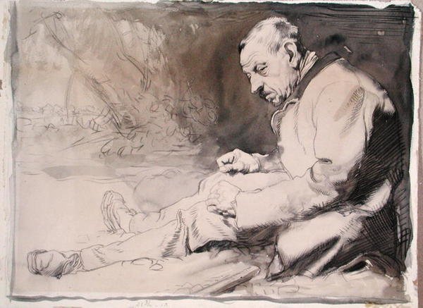 Studie af en gammel mand (blyant og akvarel på papir) af William Orpen
