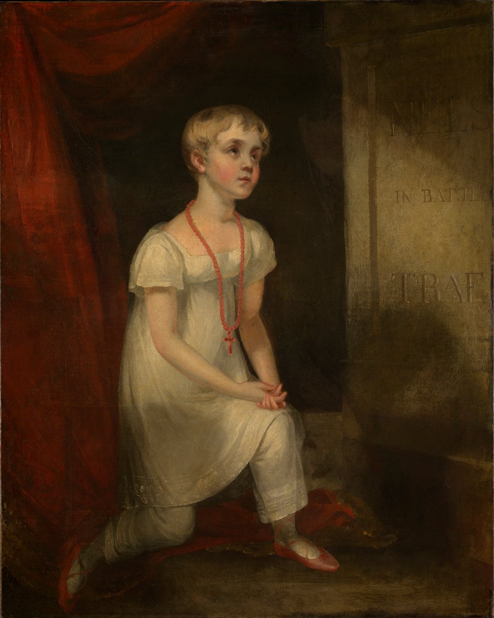 Horatia Nelson knæler foran sin fars grav, ca. 1807 (olie på lærred) af William Owen
