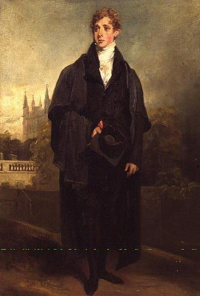 Portræt af Henry Townley (1769-1825) stående i akademisk kjole, Merton College, Oxford muligvis i baggrunden af William Owen