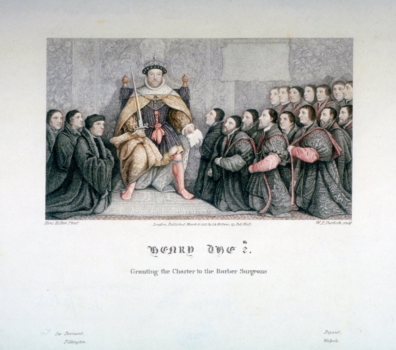 Henry VIII, der giver charteret til Barber Surgeons, 1500-tallet, 1817. af William P Sherlock