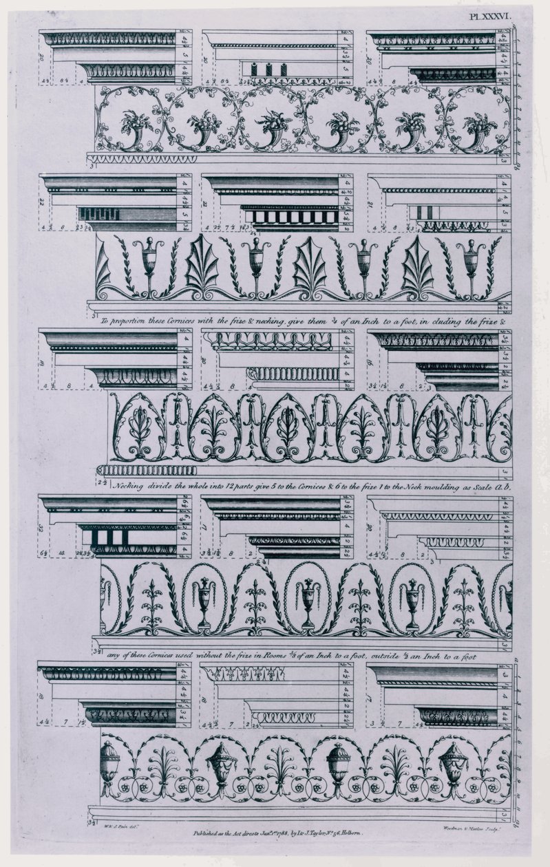 Designs for Cornices udgivet i 1788 af William Pain (c.1730-c.1790). 1783 sort/hvid gravering af William Pain