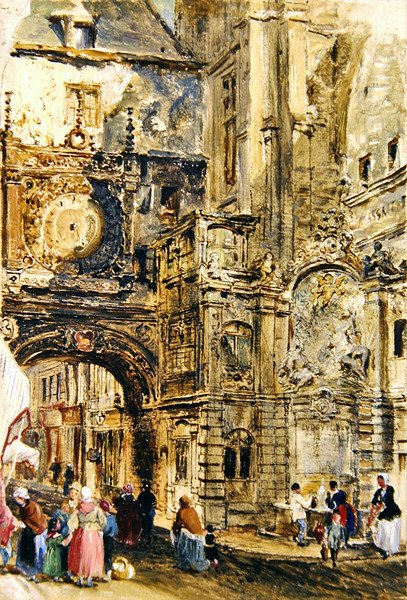 Gros Horloge de Rouen, ca. 1860 (olie på papir lagt om bord) af William Parrott