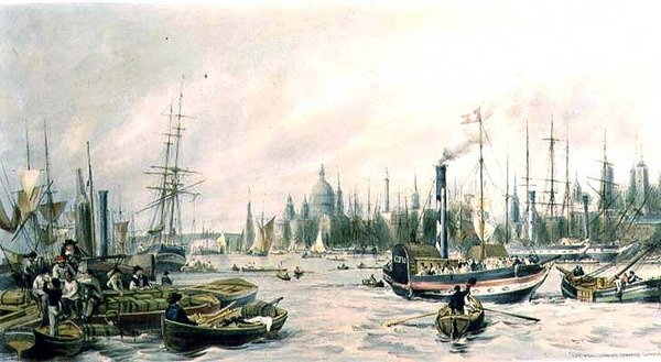 London Bridge fra poolen (litho) af William Parrott