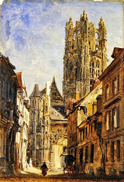 St Laurent Church, Rouen, ca. 1860 (olie på papir lagt om bord) af William Parrott