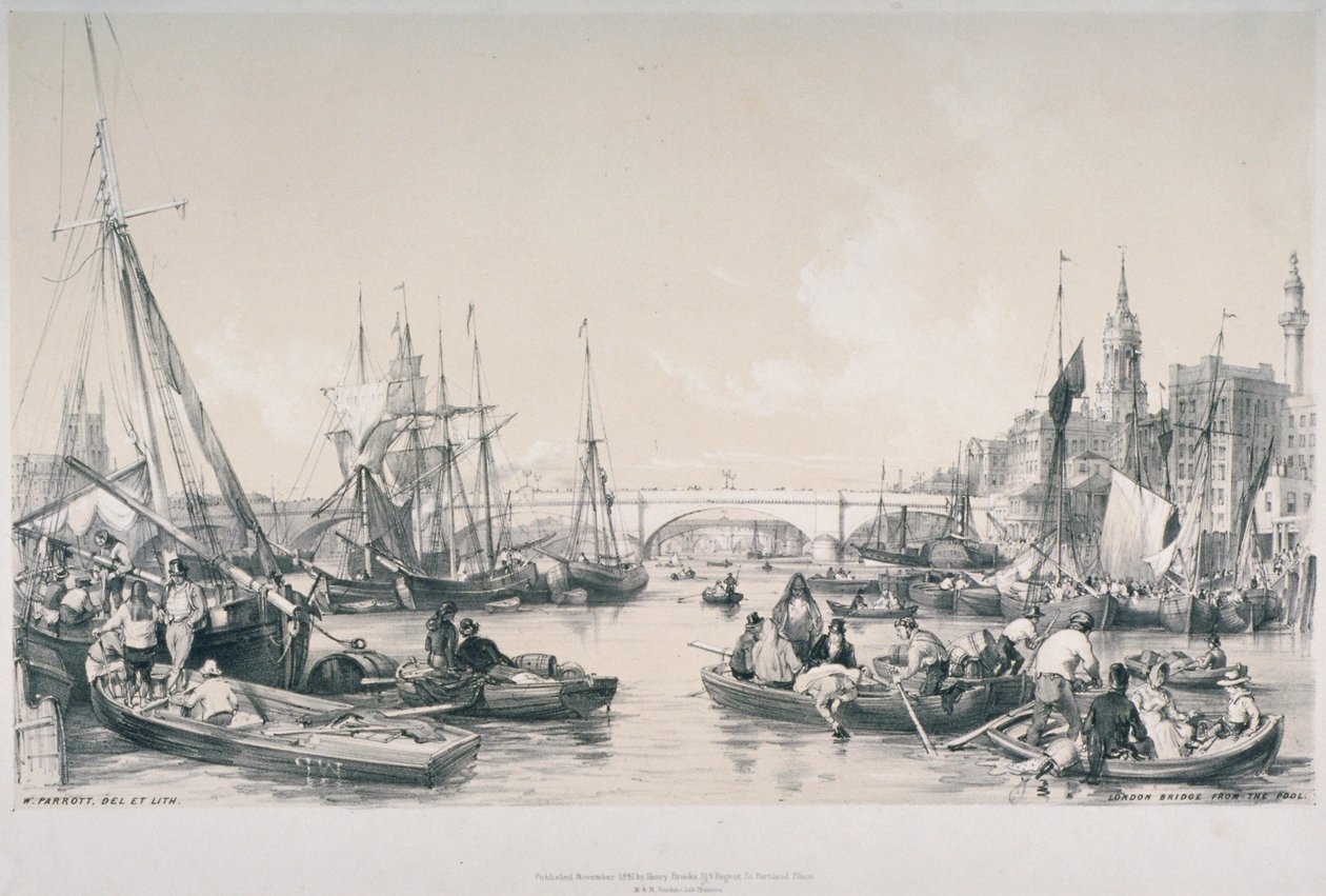 Udsigt over den nye London Bridge fra Themsens pool, 1841 af William Parrott