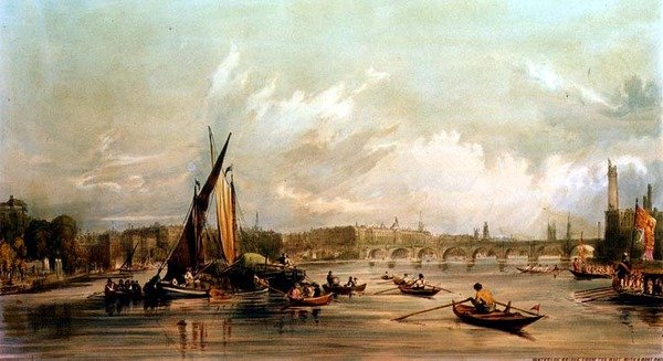 Waterloo-broen fra vest med et bådkapløb (litho) af William Parrott