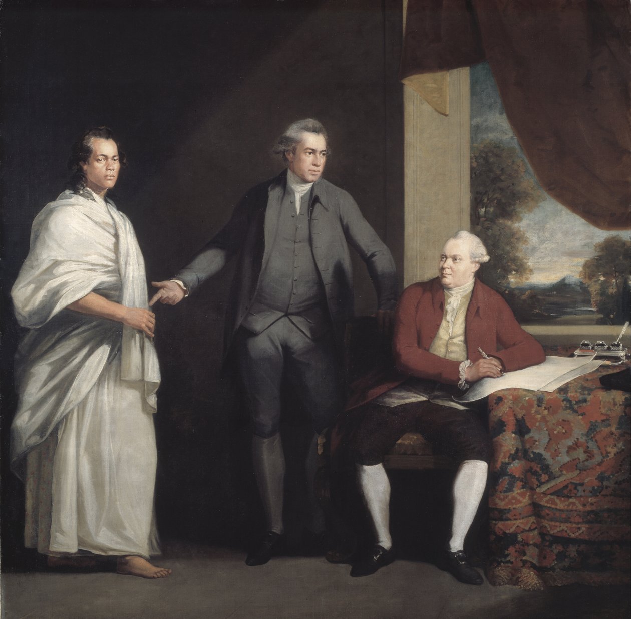 Omai, Joseph Banks og Dr. Daniel Solander, ca. 1775 (olie på lærred) af William Parry