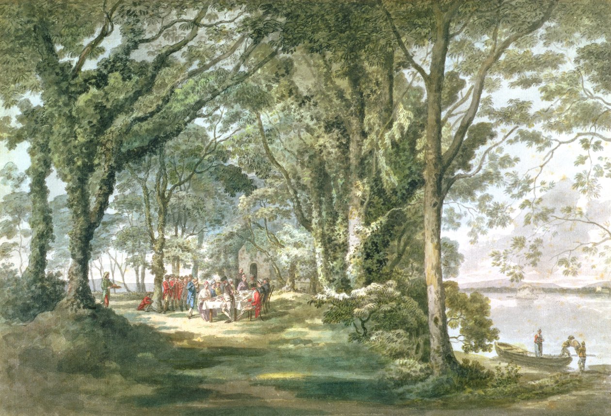 Landskab med figurer ved et udendørs måltid, 1760-1782 af William Pars