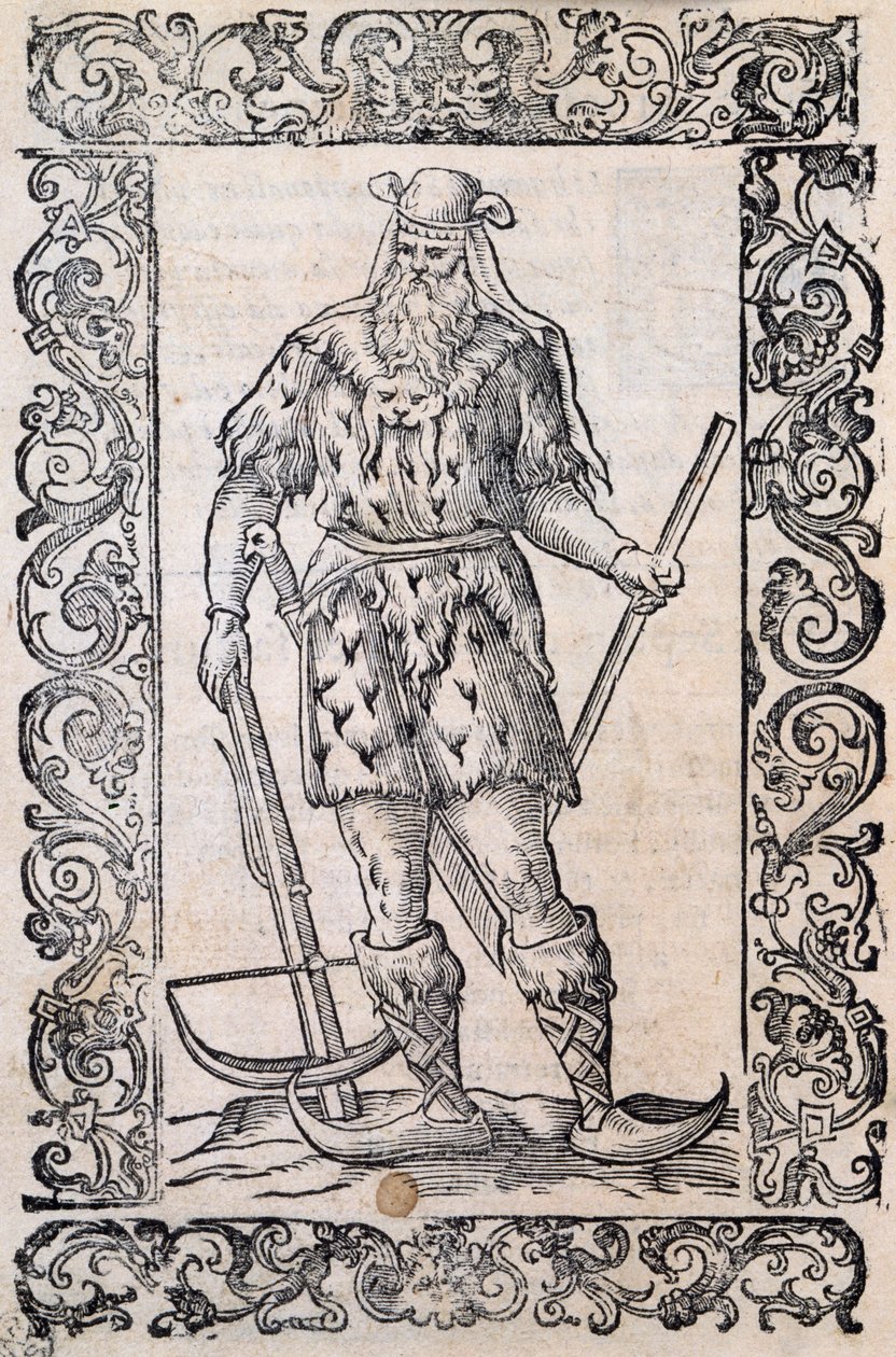 Mand med pelskjole, armbrøst og sko med snoet spids (eksempel på rudimentære ski), illustration tilskrevet Cesare Vecellio (1521-1601), udgivet i Italien i 1500-tallet af Nicolas Toussaint Charlet