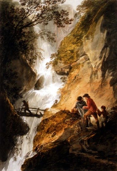 Landskab med et vandfald (blyant og akvarel på papir) af William Payne