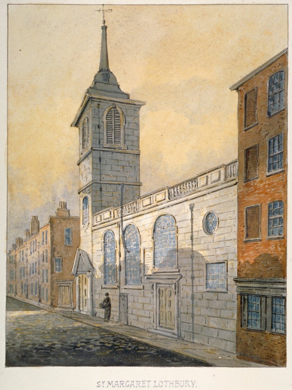 Sydøst udsigt over Church of St Margaret Lothbury, City of London, 1815. af William Pearson