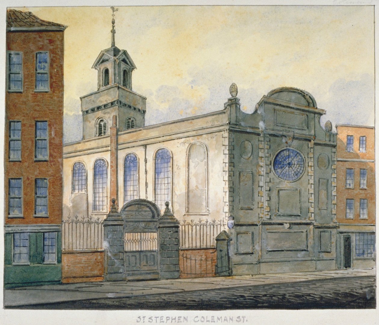 Sydøst udsigt over Church of St Stephen, Coleman Street, City of London, 1815 af William Pearson