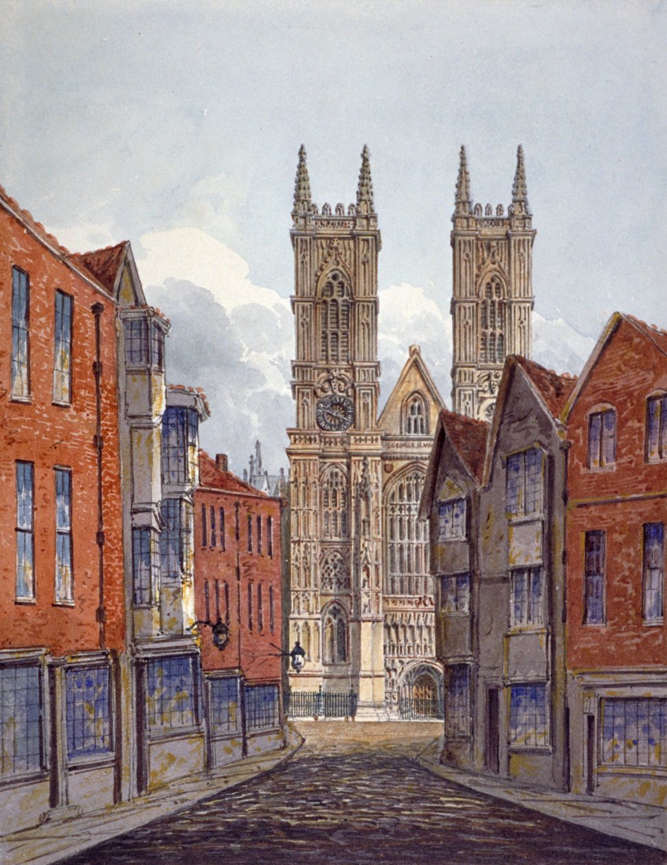 Udsigt over den vestlige ende af Westminster Abbey, set fra Tothill Street, London, c1815 af William Pearson