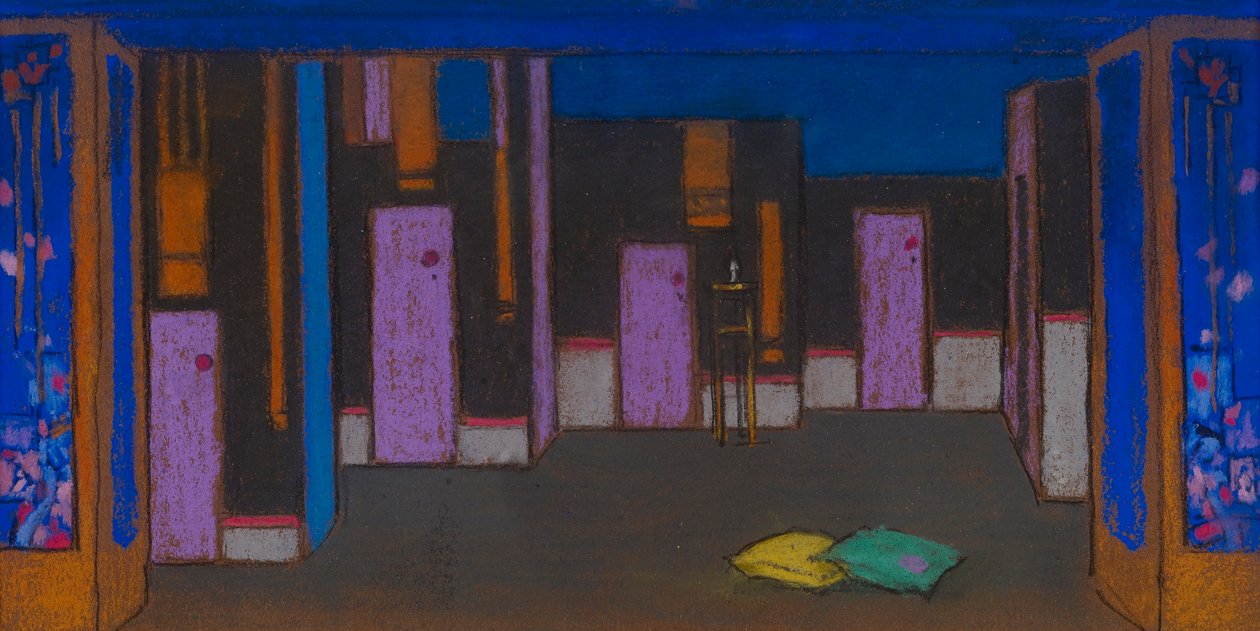 Sal med døre (scenografi til Alice i Eventyrland, 1915) af William Penhallow Henderson