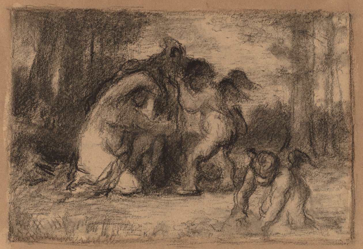 Skovklædt landskab med Putti, der hjælper en kvinde med at klæde sig af af William Perkins Babcock