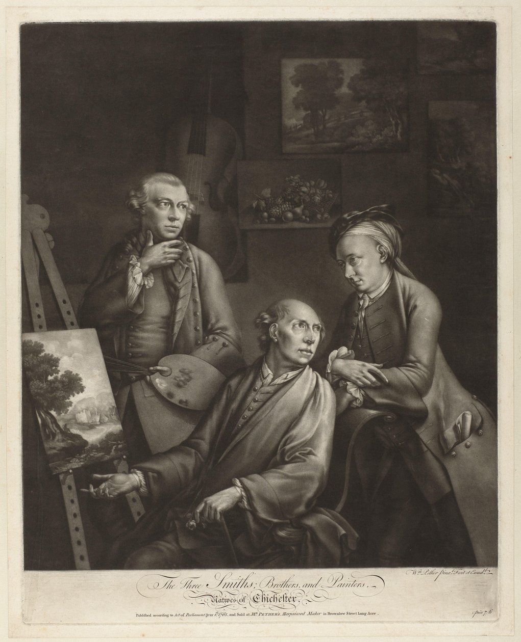 Portret van William, John og George Smith fra Chichester De tre Smiths; Brødre og malere, indfødte i Chichester (titel på objekt) af William Pether