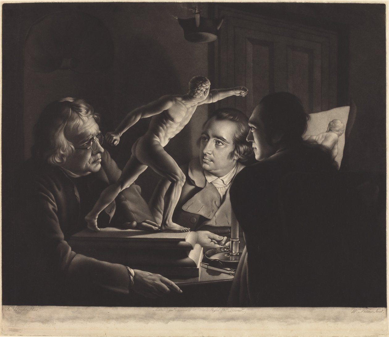 Tre personer, der ser gladiatoren i levende lys af William Pether after Joseph Wright