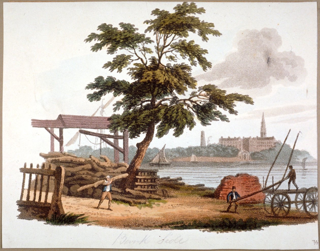 Men moving timber at Bankside, Southwark, London, c1810 af William Pickett
